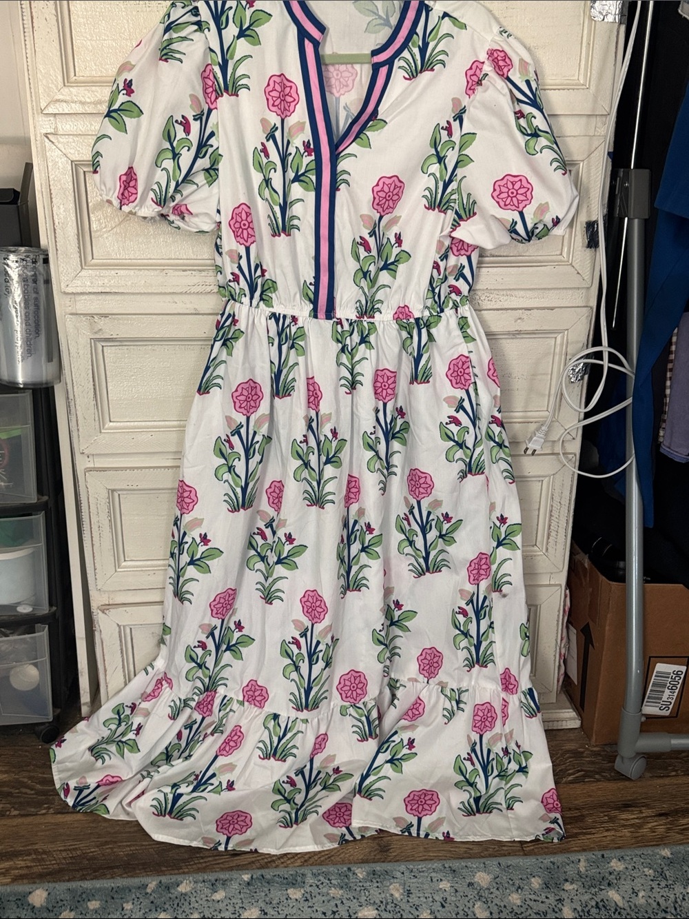 Floral Puff-Sleeve Maxi Dress - Pink/Green on White